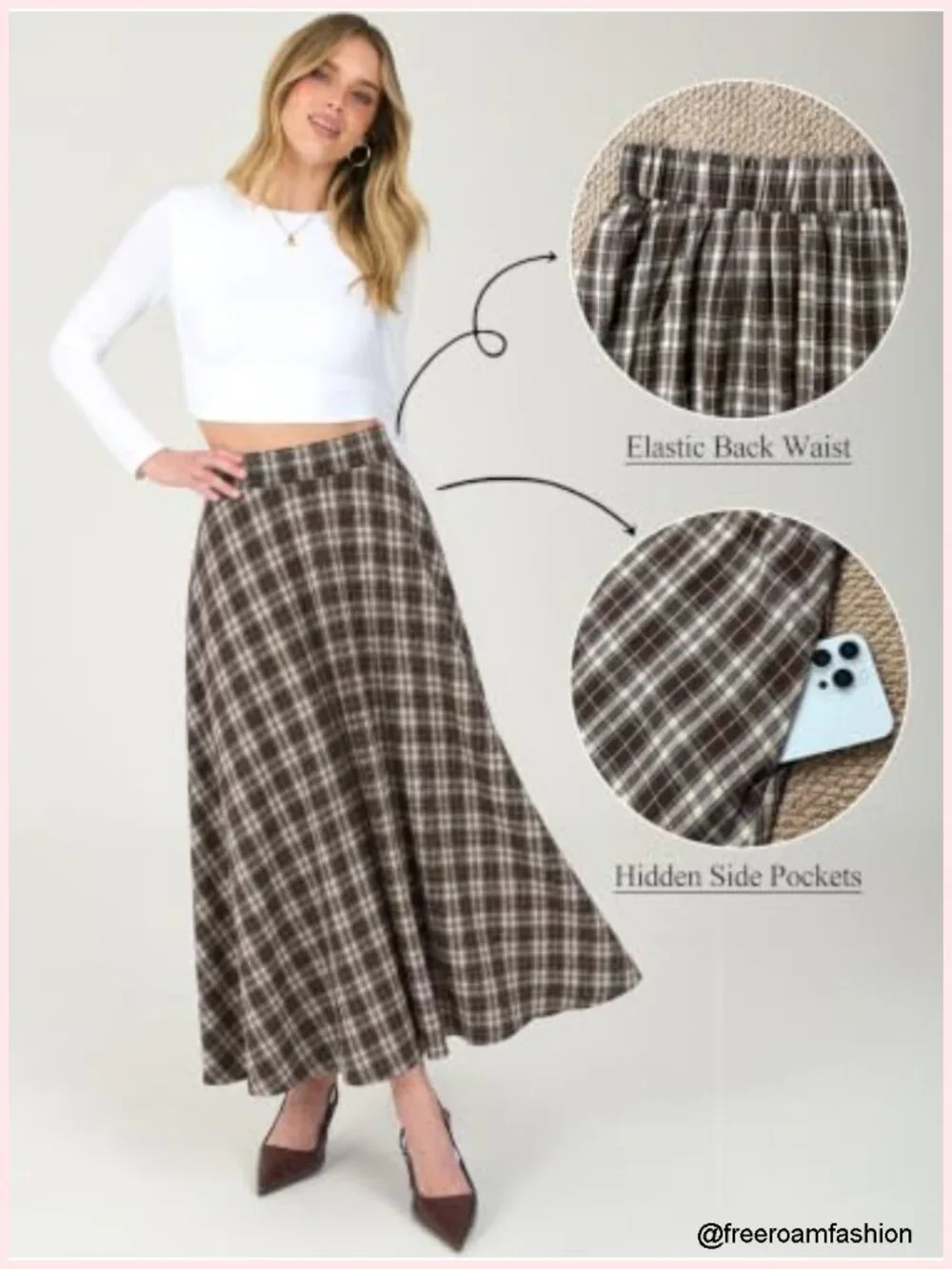 A-Line Plaid Maxi Skirt High Waist with Pockets Fall Spring Office Casual
